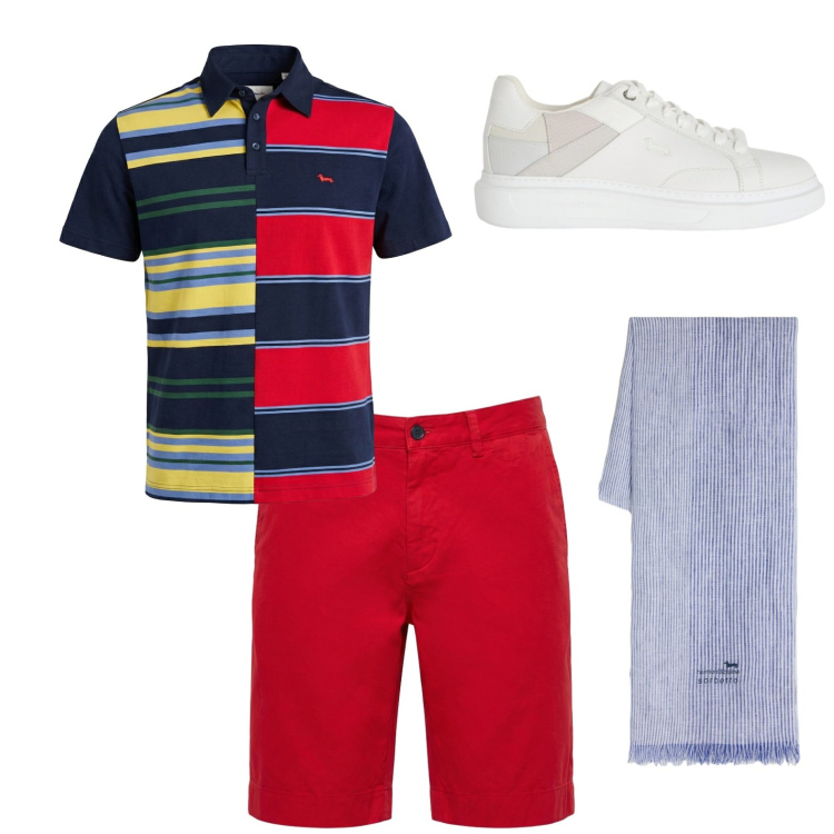 Outfit uomo - Total look #2441878. Stile Trendy per Mare. Abbinamento con sneakers, sciarpe, bermuda, polo.