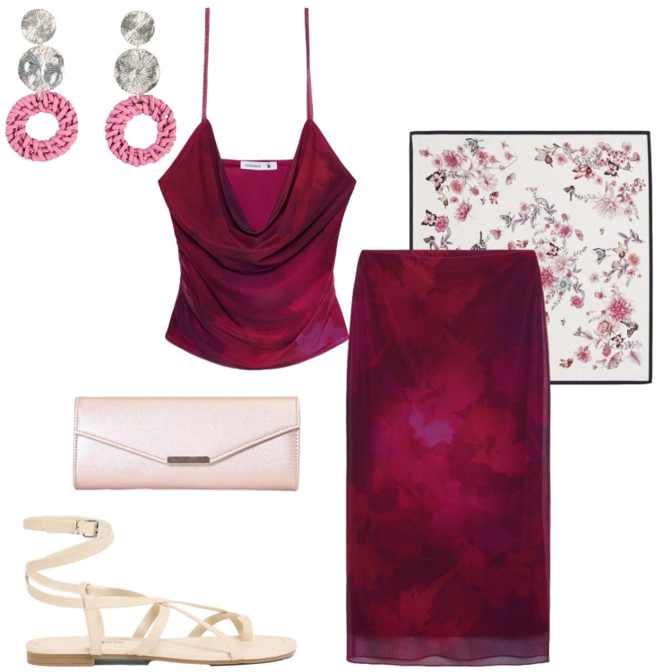 Outfit donna - Chic casual. Stile Casual chic per Tutti i giorni. Abbinamento con sandali, orecchini, foulard, gonne longuette, top, pochette.