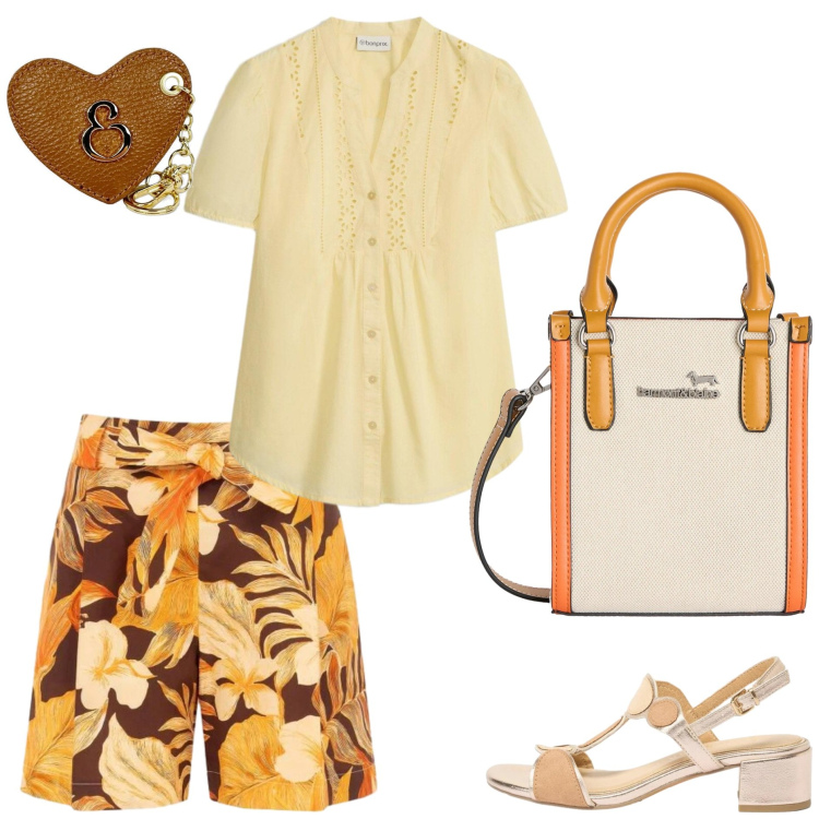 Outfit donna - Stampe che illuminano. Stile Casual chic per Tutti i giorni. Abbinamento con sandali col tacco, camicie a manica corta, borse tote, portachiavi, pantaloni corti.
