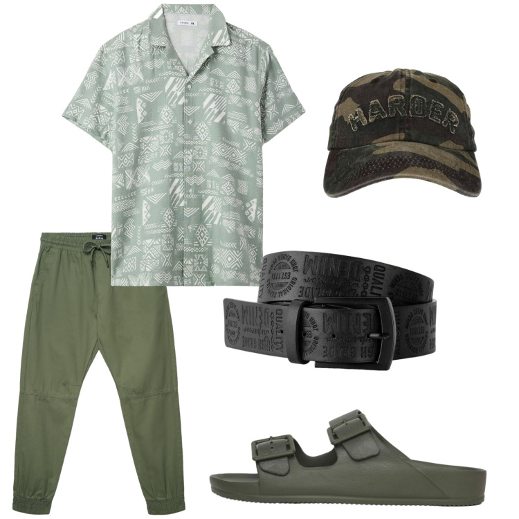 Outfit uomo - Total look #2441902. Stile Trendy per Tutti i giorni. Abbinamento con cinture, camicie a manica corta, cappelli con visiera, sandali, pantaloni.