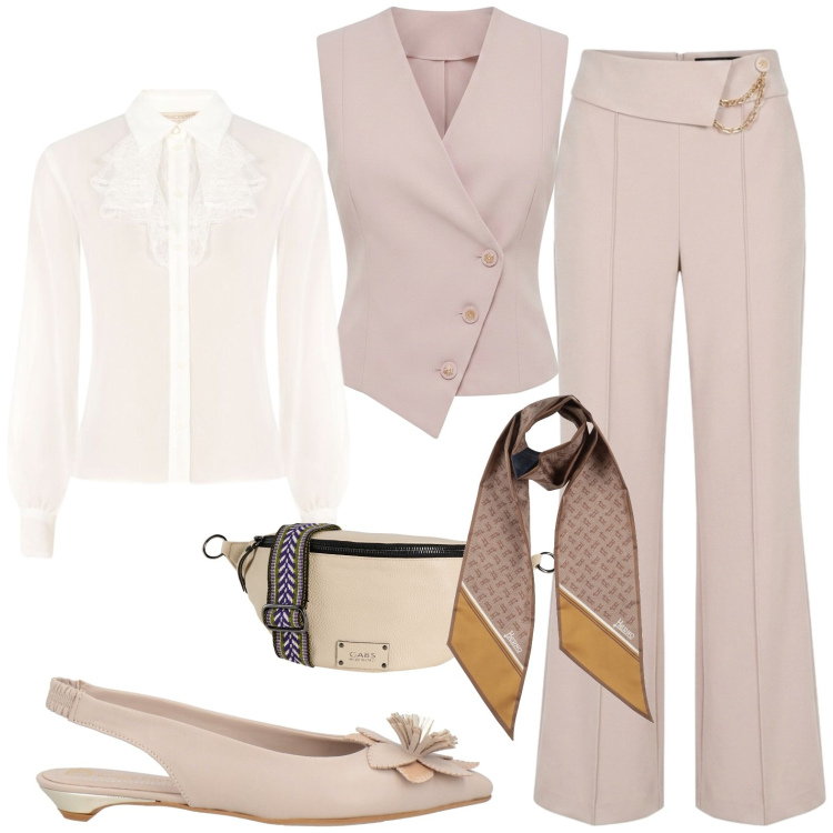 Outfit donna - Chic. Stile Chic per Serata fuori. Abbinamento con marsupi, sciarpe, ballerine, gilet, pantaloni, camicie.