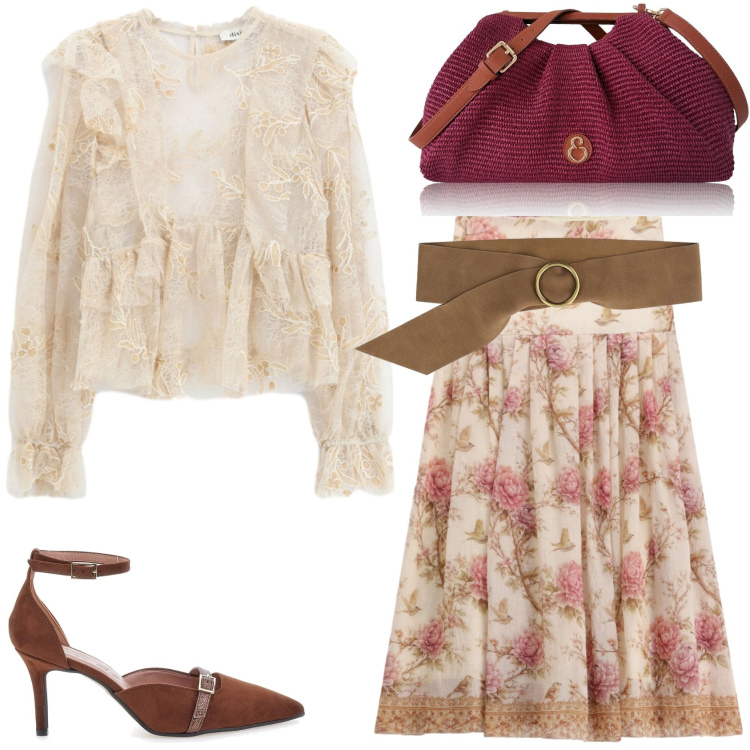 Outfit donna - Serata romantica. Stile Romantica per Serata fuori. Abbinamento con clutch, cinture, bluse, gonne lunghe, décolleté.