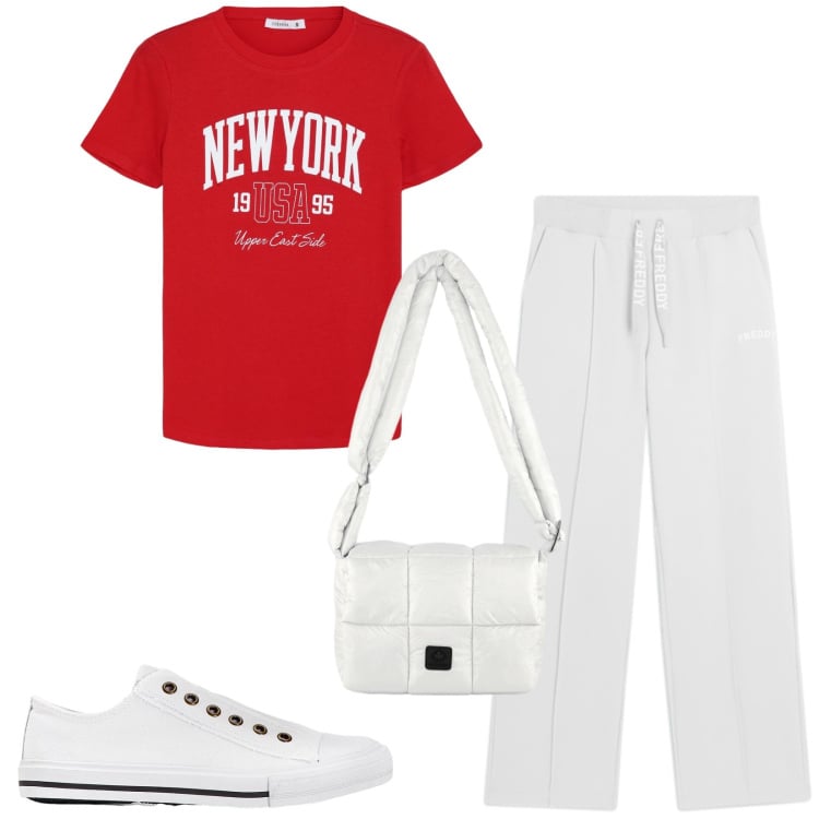 Outfit donna - Total look #2441912. Stile Casual chic per Tutti i giorni. Abbinamento con sneakers, t-shirt, pantaloni, borse a spalla.