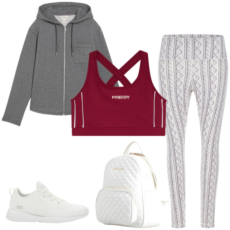 Outfit donna - Total look #2441914. Stile Sporty chic per Sport. Abbinamento con zaini, sneakers, felpe con cappuccio, leggings, top.