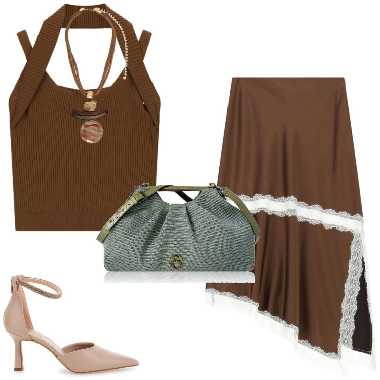 Outfit donna - Serata fuori. Stile Trendy per Serata fuori. Abbinamento con clutch, ciondoli, top, gonne longuette, décolleté.