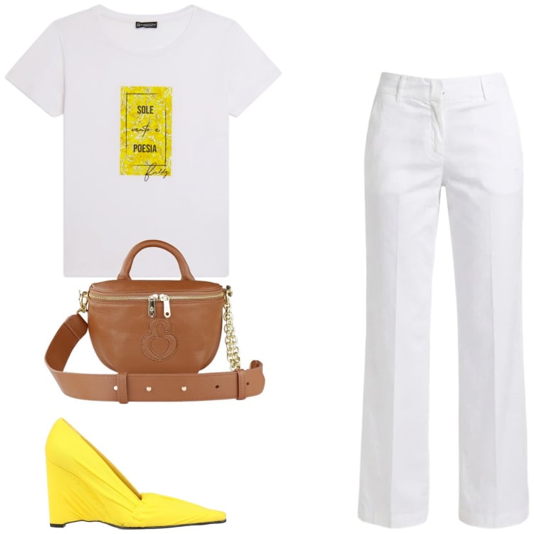 Outfit donna - Total look #2441916. Stile Casual chic per Tutti i giorni. Abbinamento con décolleté, pantaloni, borse a tracolla, t-shirt.
