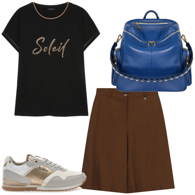 Outfit donna - Casual chic. Stile Casual chic per Tutti i giorni. Abbinamento con zaini, t-shirt, bermuda, sneakers.