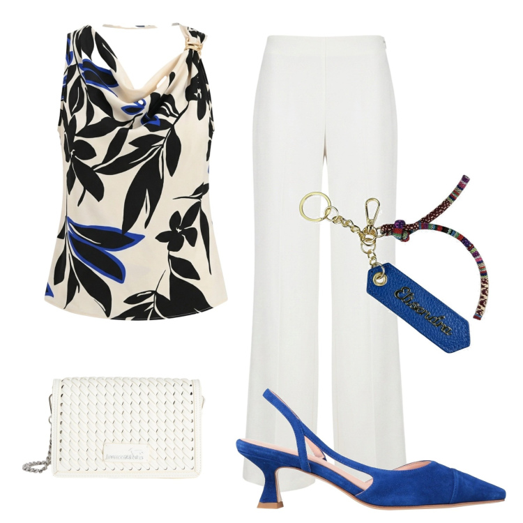 Outfit donna - Miky style. Stile Chic per Cerimonia. Abbinamento con décolleté, borse a tracolla, portachiavi, canottiere, pantaloni a palazzo.