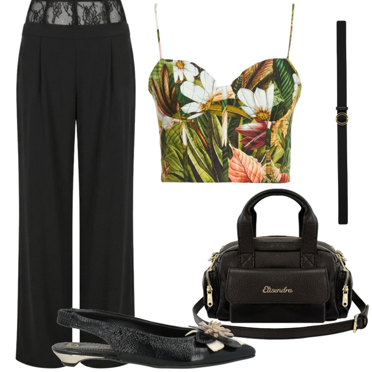 Outfit donna - Top jungle. Stile Glamour per Tutti i giorni. Abbinamento con top, ballerine, borse a mano, cinture, pantaloni a palazzo.