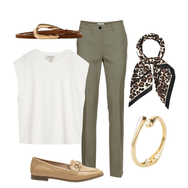 Outfit donna - Casual. Stile Casual per Ufficio. Abbinamento con mocassini, pantaloni, braccialetti, cinture, canottiere, foulard.