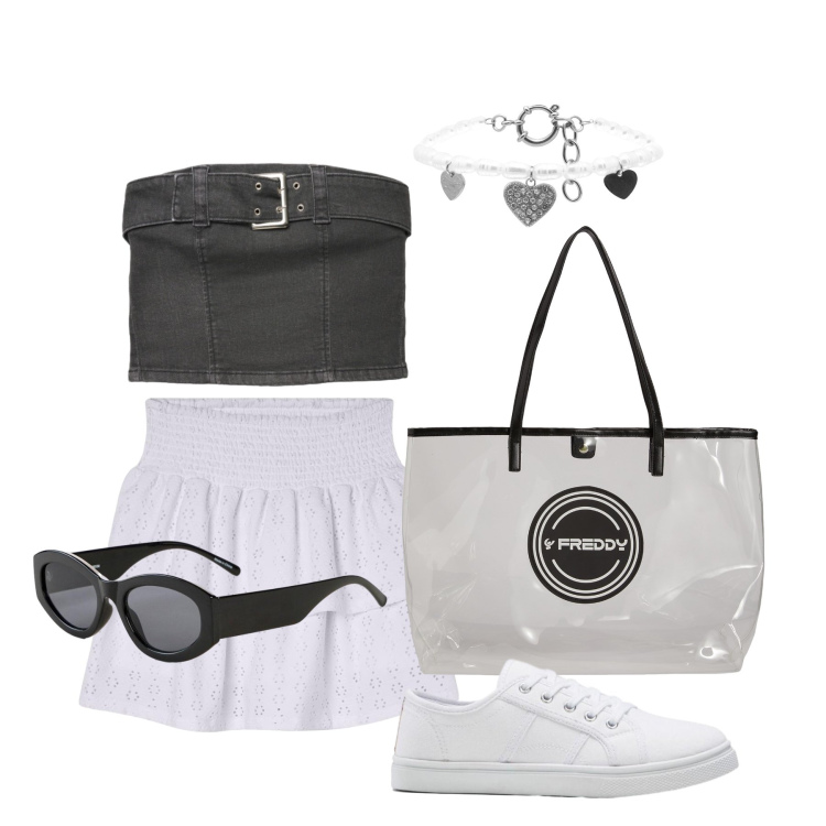 Outfit donna - Luglio. Stile Trendy per Tutti i giorni. Abbinamento con occhiali da sole, sneakers, top, minigonne, shopping bag, braccialetti.