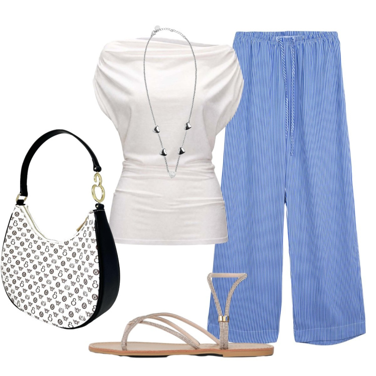 Outfit donna - In città. Stile Trendy per Tutti i giorni. Abbinamento con top, borse a spalla, pantaloni, sandali, collane.