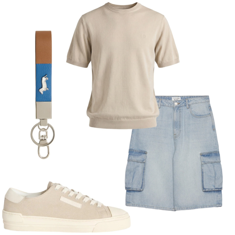 Outfit uomo - Luglio. Stile Casual per Tutti i giorni. Abbinamento con portachiavi, sneakers, t-shirt, pantaloni corti.
