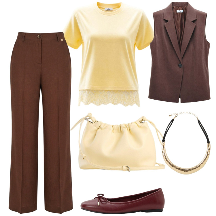 Outfit donna - Total look #2441931. Stile Casual chic per Ufficio. Abbinamento con ballerine, borse a tracolla, collane, t-shirt, gilet, pantaloni.
