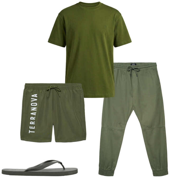 Outfit uomo - In vacanza. Stile Casual per Mare. Abbinamento con t-shirt, sandali, pantaloni, costumi.