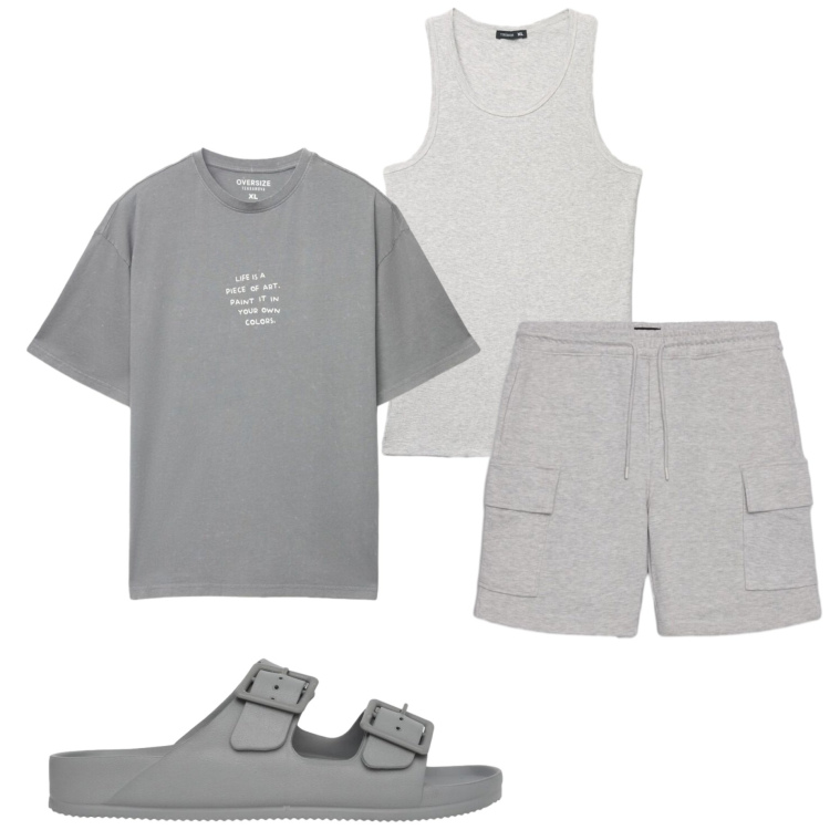 Outfit uomo - Look estivo. Stile Casual per Mare. Abbinamento con t-shirt, bermuda, sandali, canottiere.