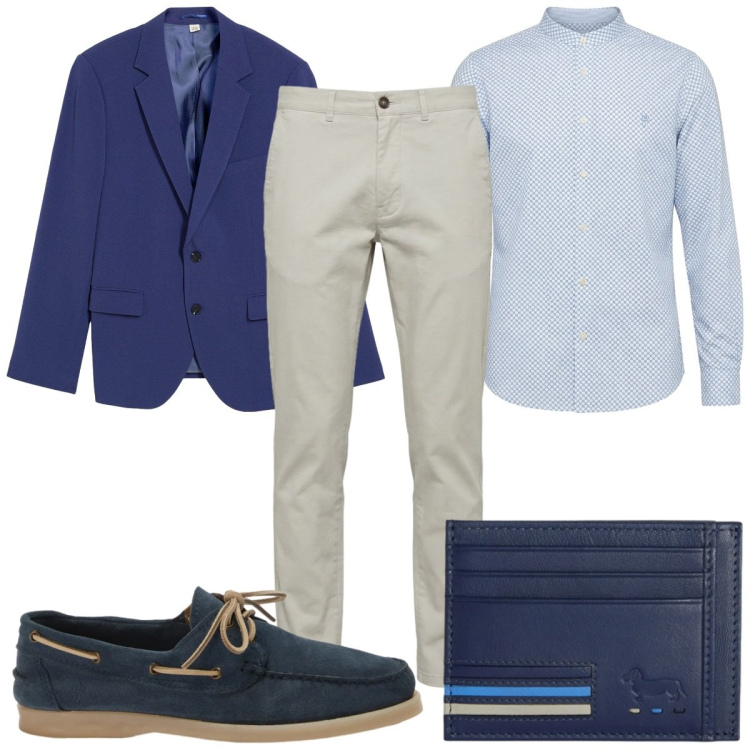 Outfit uomo - Cerimonia d’estate: blazer blu. Stile Business/Elegante per Cerimonia. Abbinamento con giacche, scarpe stringate, pantaloni, camicie, portafogli.