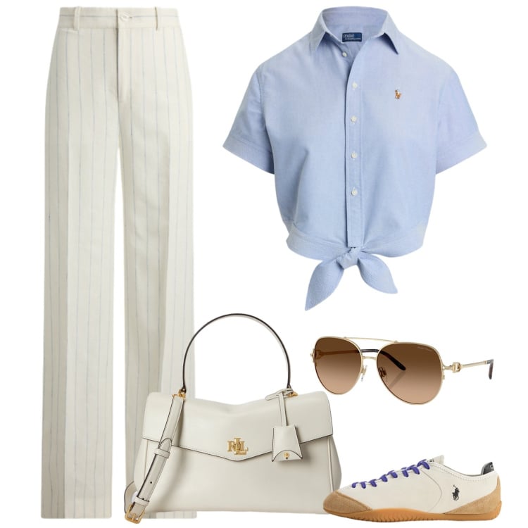 Outfit donna - Aspettandi il volo. Stile Casual chic per Tutti i giorni. Abbinamento con camicie a manica corta, occhiali da sole, pantaloni, borse a mano, sneakers.