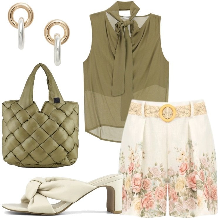 Outfit donna - Summer Holidays. Stile Romantica per Tutti i giorni. Abbinamento con top, shorts, orecchini, borse tote, sandali col tacco.