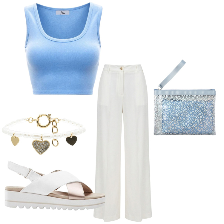 Outfit donna - Total look #2441956. Stile Minimal per Tutti i giorni. Abbinamento con sandali, canottiere, pochette, braccialetti, pantaloni a palazzo.