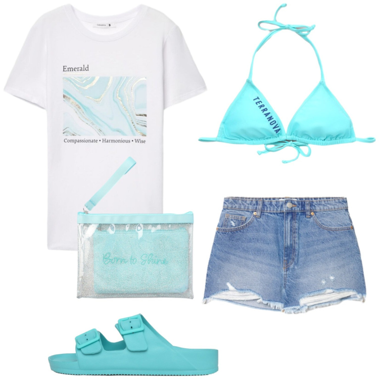 Outfit donna - Total look #2441961. Stile Casual per Mare. Abbinamento con pochette, bikini, t-shirt, ciabatte, shorts.