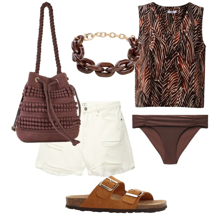 Outfit donna - Total look #2441963. Stile Etnico per Mare. Abbinamento con borse a secchiello, ciabatte, braccialetti, canottiere, bikini, shorts.