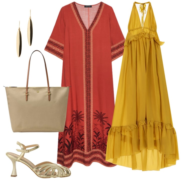 Outfit donna - Total look #2441967. Stile Casual chic per Serata fuori. Abbinamento con sandali col tacco, vestiti lunghi, caftani, borse tote, orecchini.