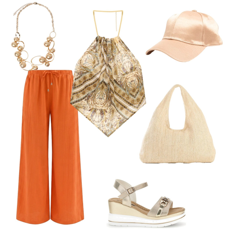 Outfit donna - Total look #2441968. Stile Casual chic per Serata fuori. Abbinamento con shopping bag, collane, cappelli con visiera, pantaloni a palazzo, top, zeppe.