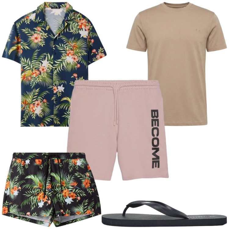 Outfit uomo - Valigia per le vacanze: trendy al mare. Stile Trendy per Mare. Abbinamento con t-shirt, camicie a manica corta, costumi, bermuda, sandali.