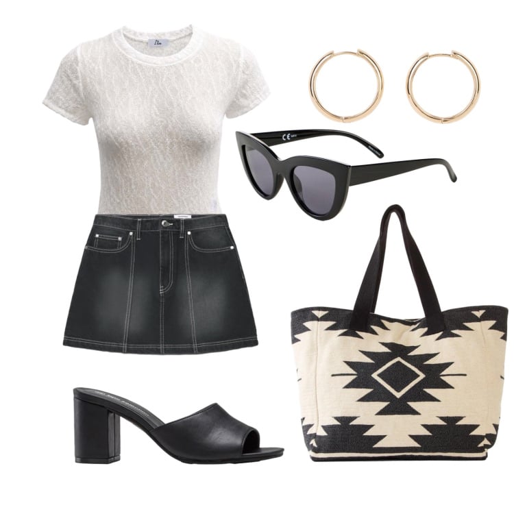 Outfit donna - Luglio. Stile Basic per Tutti i giorni. Abbinamento con sandali col tacco, orecchini, occhiali da sole, shopping bag, top, minigonne.