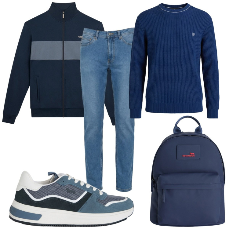 Outfit uomo - Valigia per le vacanze: in montagna. Stile Casual per Tutti i giorni. Abbinamento con borse sportive, jeans, sneakers, maglieria, felpe.