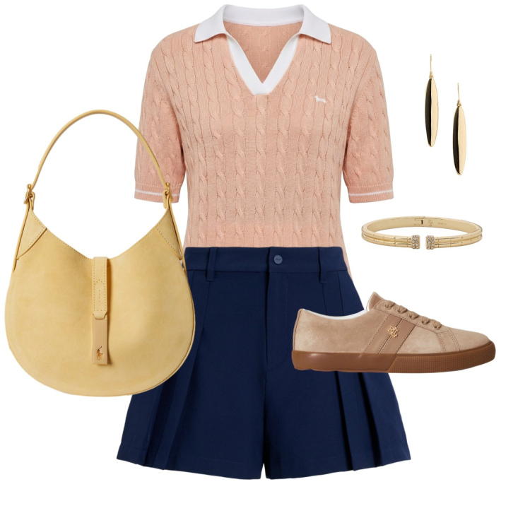 Outfit donna - Ambra al tramonto. Stile Casual chic per Serata fuori. Abbinamento con polo, minigonne, borse a spalla, sneakers, braccialetti, orecchini.