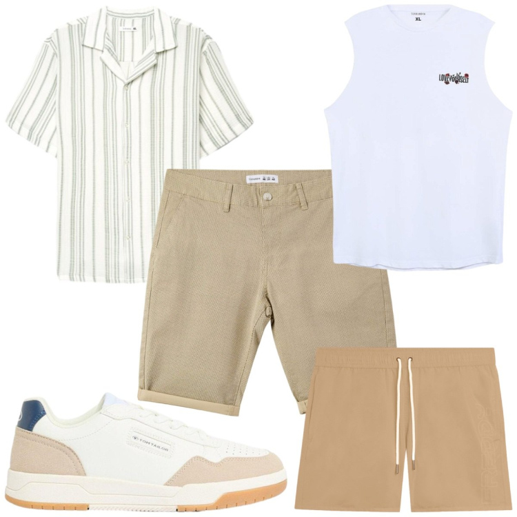 Outfit uomo - Total look #2442014. Stile Trendy per Mare. Abbinamento con sneakers, pantaloni corti, canottiere, camicie a manica corta, costumi.