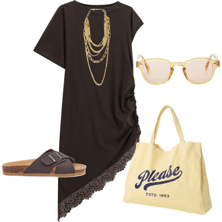 Outfit donna - Golden pleace. Stile Casual per Tutti i giorni. Abbinamento con shopping bag, vestiti corti, occhiali da sole, collane, ciabatte.