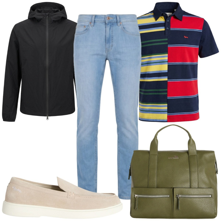 Outfit uomo - Total look #2442018. Stile Casual per Tutti i giorni. Abbinamento con scarpe stringate, borse sportive, jeans, polo, giacche.