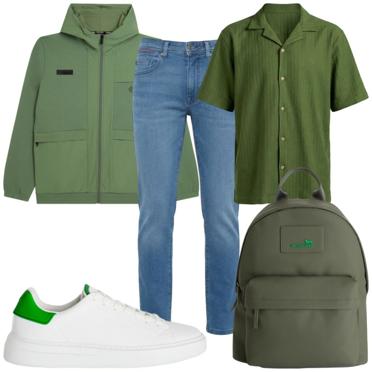 Outfit uomo - Total look #2442019. Stile Casual per Tutti i giorni. Abbinamento con borse sportive, camicie a manica corta, jeans slim fit, sneakers, felpe con cappuccio.