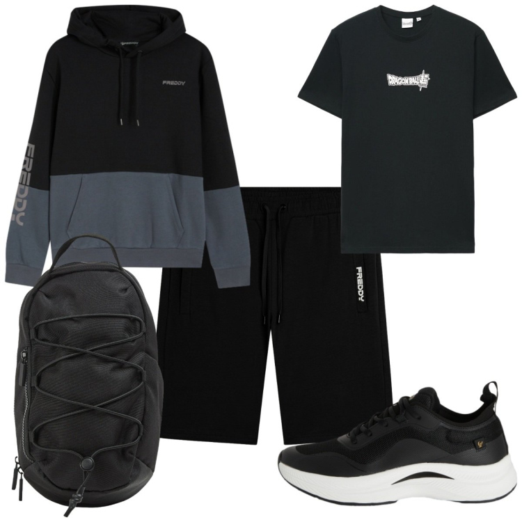 Outfit uomo - Total look #2442020. Stile Trendy per Sport. Abbinamento con borse sportive, t-shirt, sneakers, felpe con cappuccio, pantaloni corti.