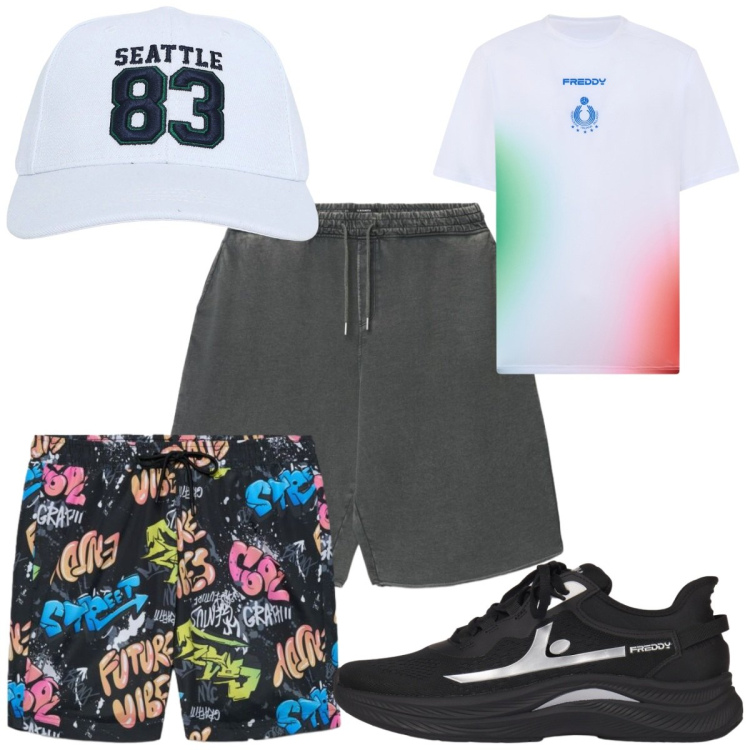 Outfit uomo - Total look #2442021. Stile Urban per Sport. Abbinamento con cappelli, costumi, bermuda, sneakers, t-shirt.