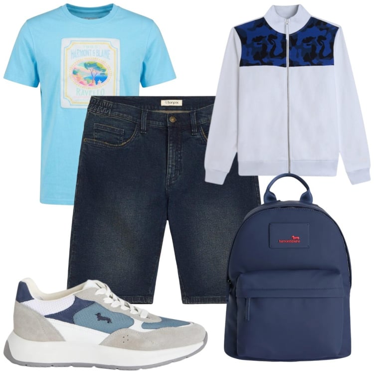 Outfit uomo - Total look #2442022. Stile Trendy per Tutti i giorni. Abbinamento con bermuda, sneakers, borse sportive, t-shirt, felpe.