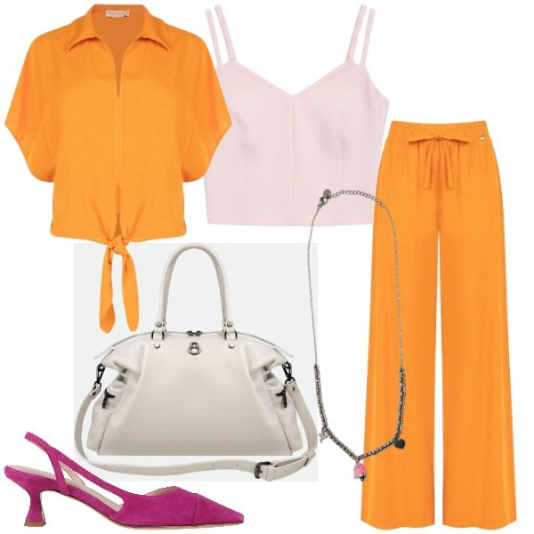 Outfit donna - Must-have in lino. Stile Casual chic per Tutti i giorni. Abbinamento con décolleté, shopping bag, ciondoli, top, camicie a manica corta, pantaloni a palazzo.