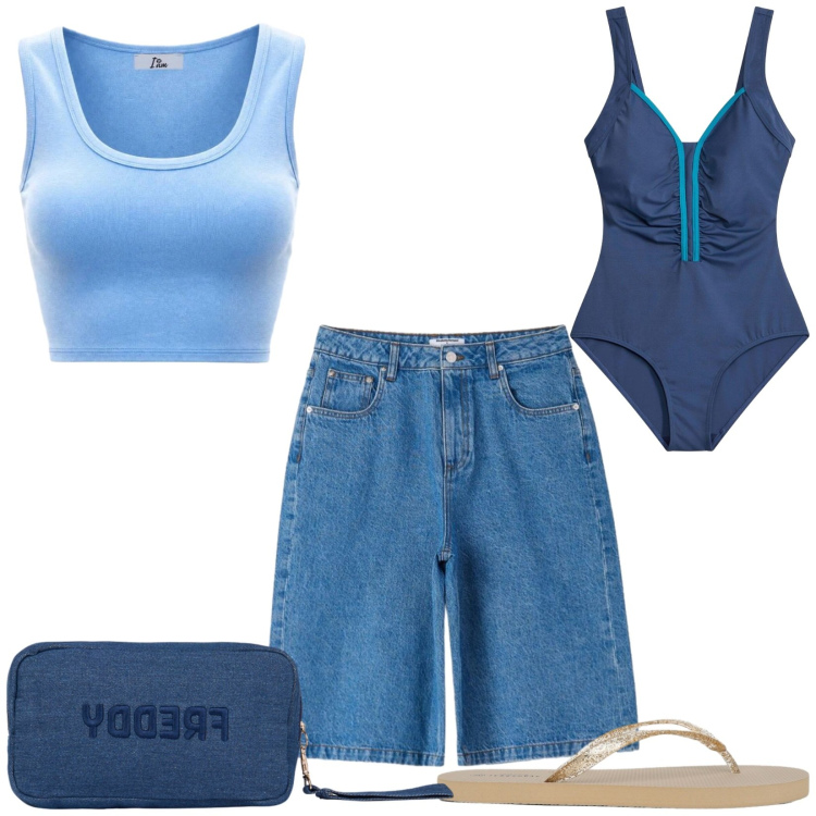 Outfit donna - Total look #2442025. Stile Casual per Mare. Abbinamento con costumi interi, canottiere, infradito, bermuda, pochette.