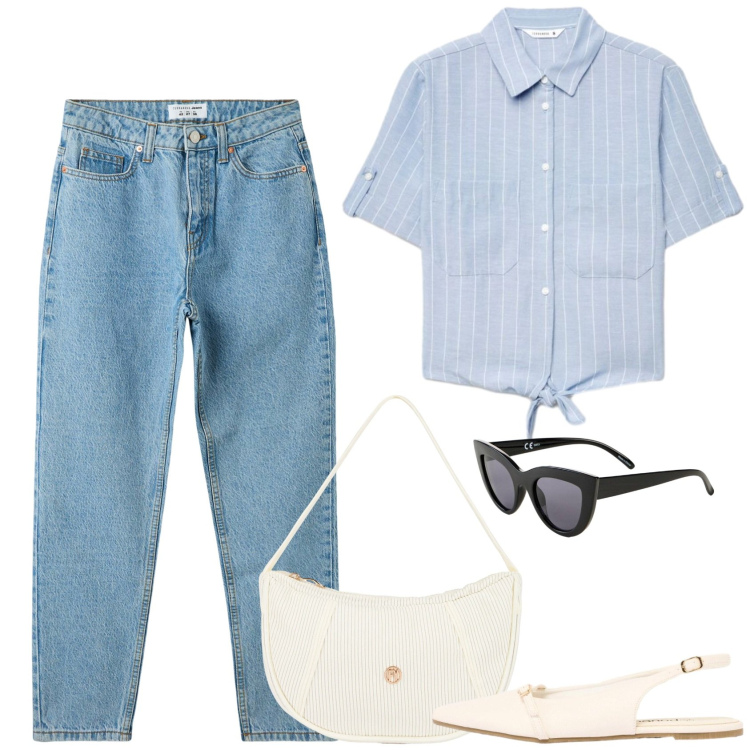 Outfit donna - Leggerezza. Stile Casual per Ufficio. Abbinamento con occhiali da sole, ballerine, jeans mom, camicie a manica corta, borse a mano.