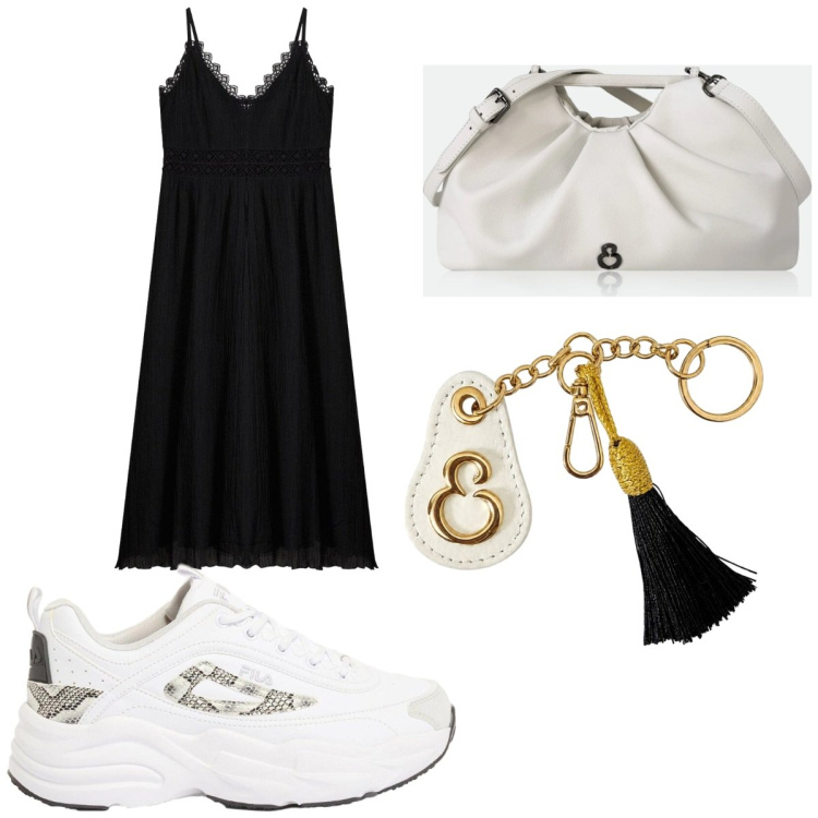 Outfit donna - Aperitivo d\'estate Curvy. Stile Romantica per Serata fuori. Abbinamento con vestiti midi/longuette, sneakers, clutch, portachiavi.