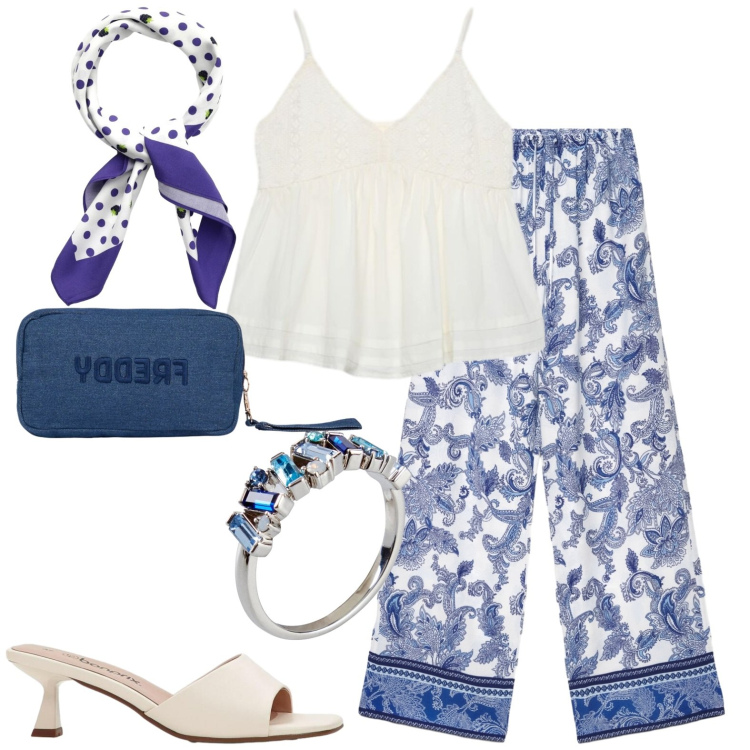 Outfit donna - Estate casual chic. Stile Casual chic per Tutti i giorni. Abbinamento con sandali, anelli, canottiere, pantaloni, foulard, pochette.