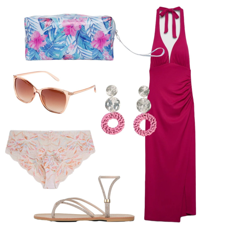Outfit donna - Sirena d\'estate. Stile Glamour per Tutti i giorni. Abbinamento con culotte, occhiali da sole, orecchini, vestiti midi/longuette, valigie, sandali.