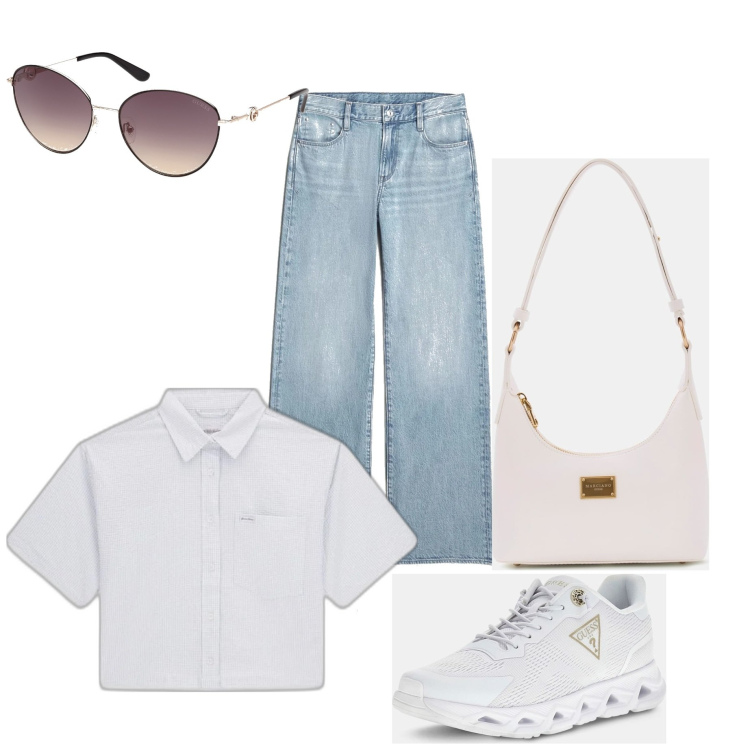 Outfit mujer - Chic #7123. Estilo Chic para Todos los días. Combinación con bolsos de mano, sneakers, gafas de sol, vaqueros, camisas de manga corta.