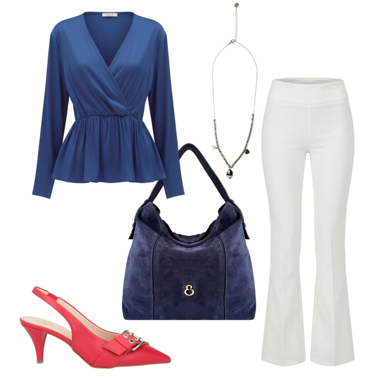 Outfit donna - Intramontabile bianco rosso e blu. Stile Casual chic per Tutti i giorni. Abbinamento con décolleté, borse a spalla, ciondoli, bluse, pantaloni.
