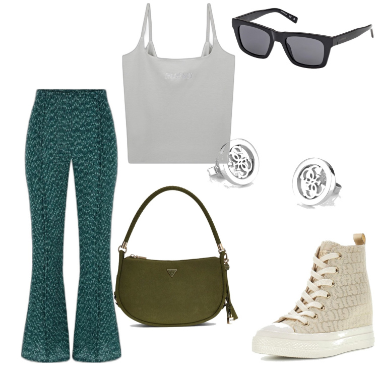 Outfit mujer - Chic #7124. Estilo Chic para Todos los días. Combinación con sneakers, pendientes, pantalones palazzo, top, bandoleras, gafas de sol.