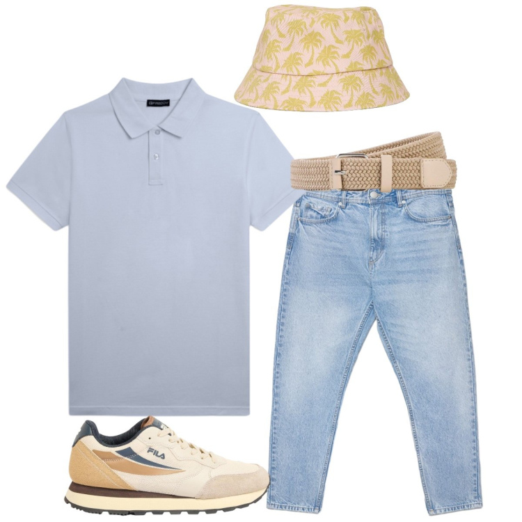 Outfit uomo - Stile semplice. Stile Casual per Tutti i giorni. Abbinamento con sneakers, cinture, cappelli con visiera, jeans, polo.