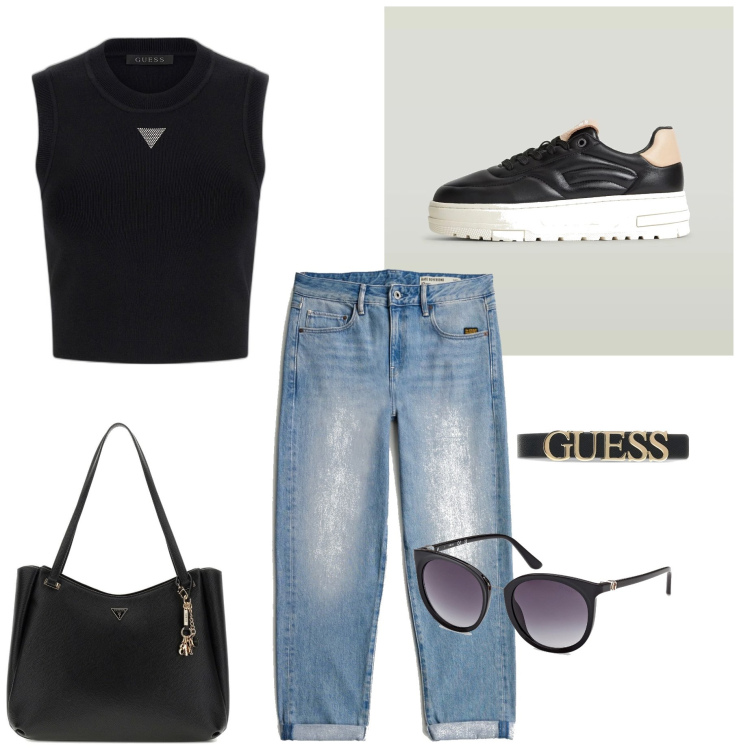 Outfit mujer - Casual chic #10103. Estilo Casual chic para Todos los días. Combinación con cinturones, sneakers, bolso tote, top, vaqueros boyfriend, gafas de sol.
